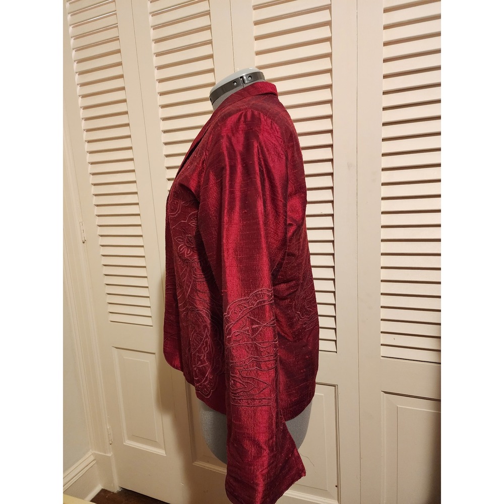 Anu 100% Pure Silk Embossed Jacket Burgundy Blazer Women's Size L - Picture 7 of 10